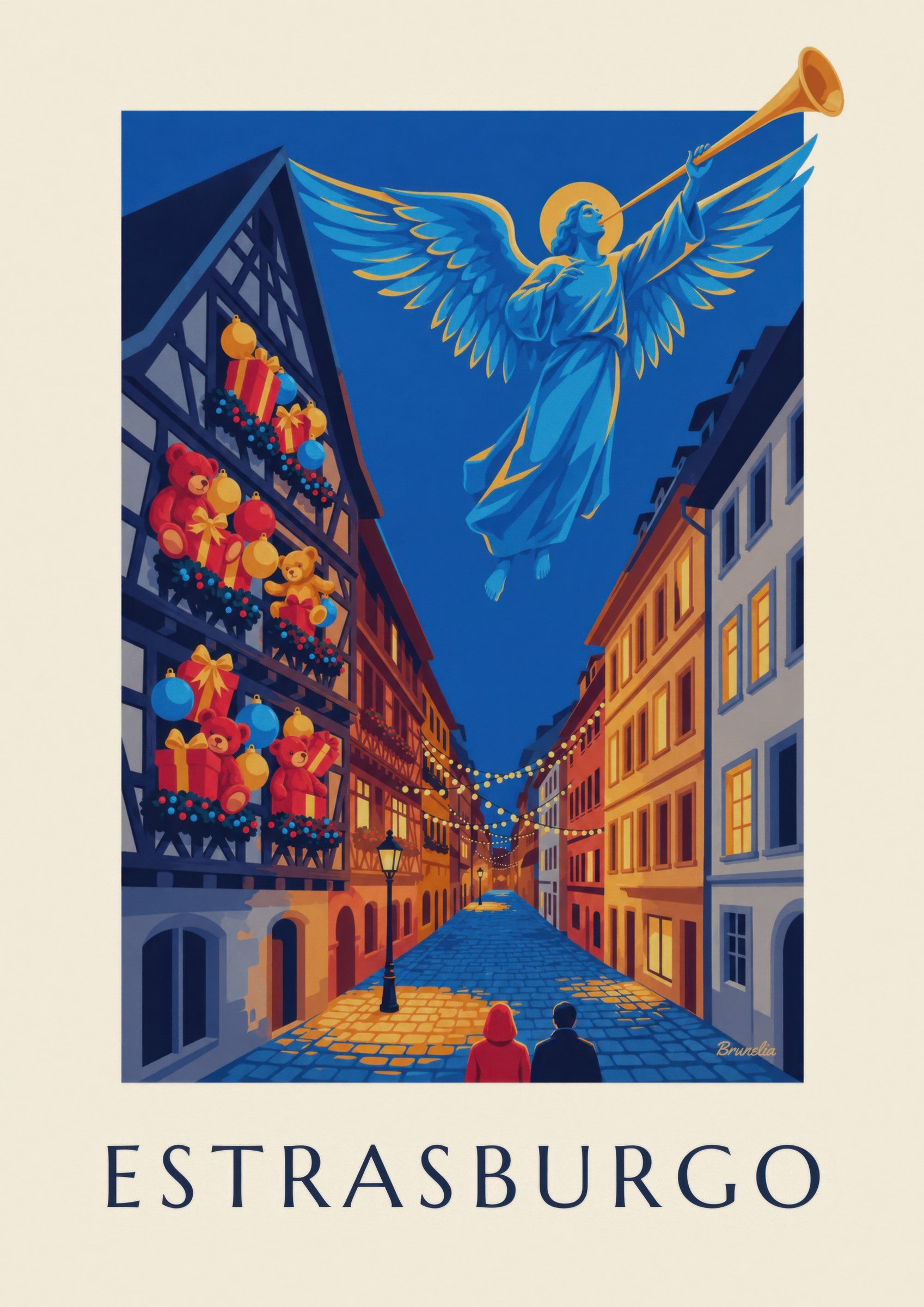 Poster Straßburg zur Weihnachtszeit, leuchtender Engel (Titel ESTRASBURGO): Detail in Nahaufnahme