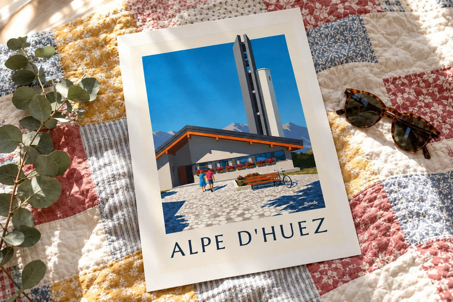 Affiche église Notre-Dame-des-Neiges Alpe d'Huez : posée sur une table