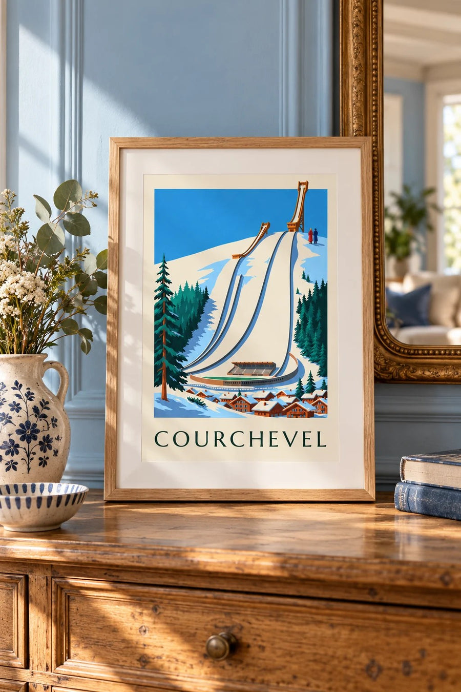 Affiche Courchevel, les tremplins du Praz sous la neige : petit format A4 encadré