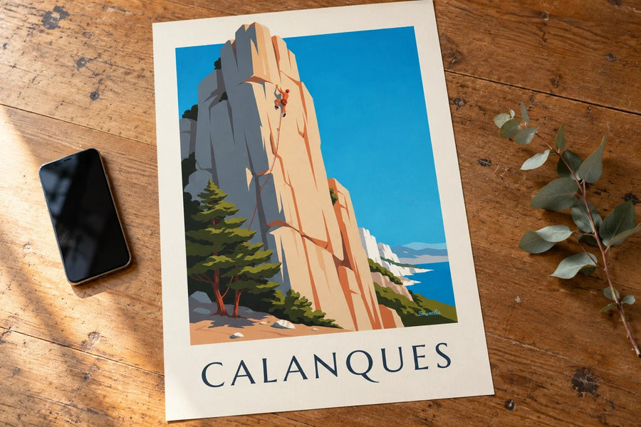 Kletterposter für die Calanques bei Marseille | Brunelia : auf einem Tisch aufgestellt