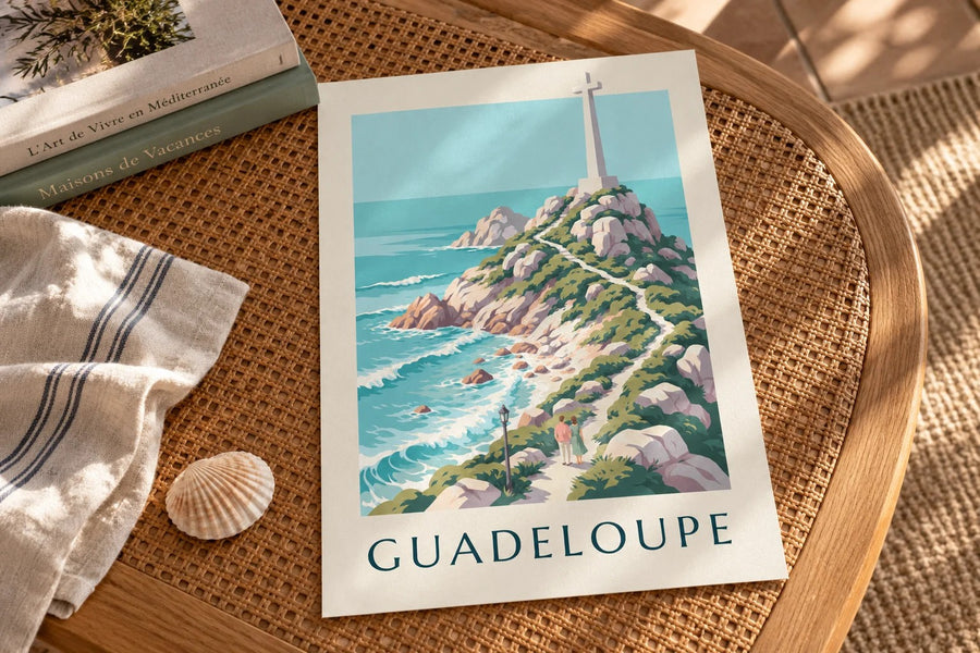 Poster Guadeloupe Pointe des Châteaux mit Kreuz : auf einem Tisch aufgestellt