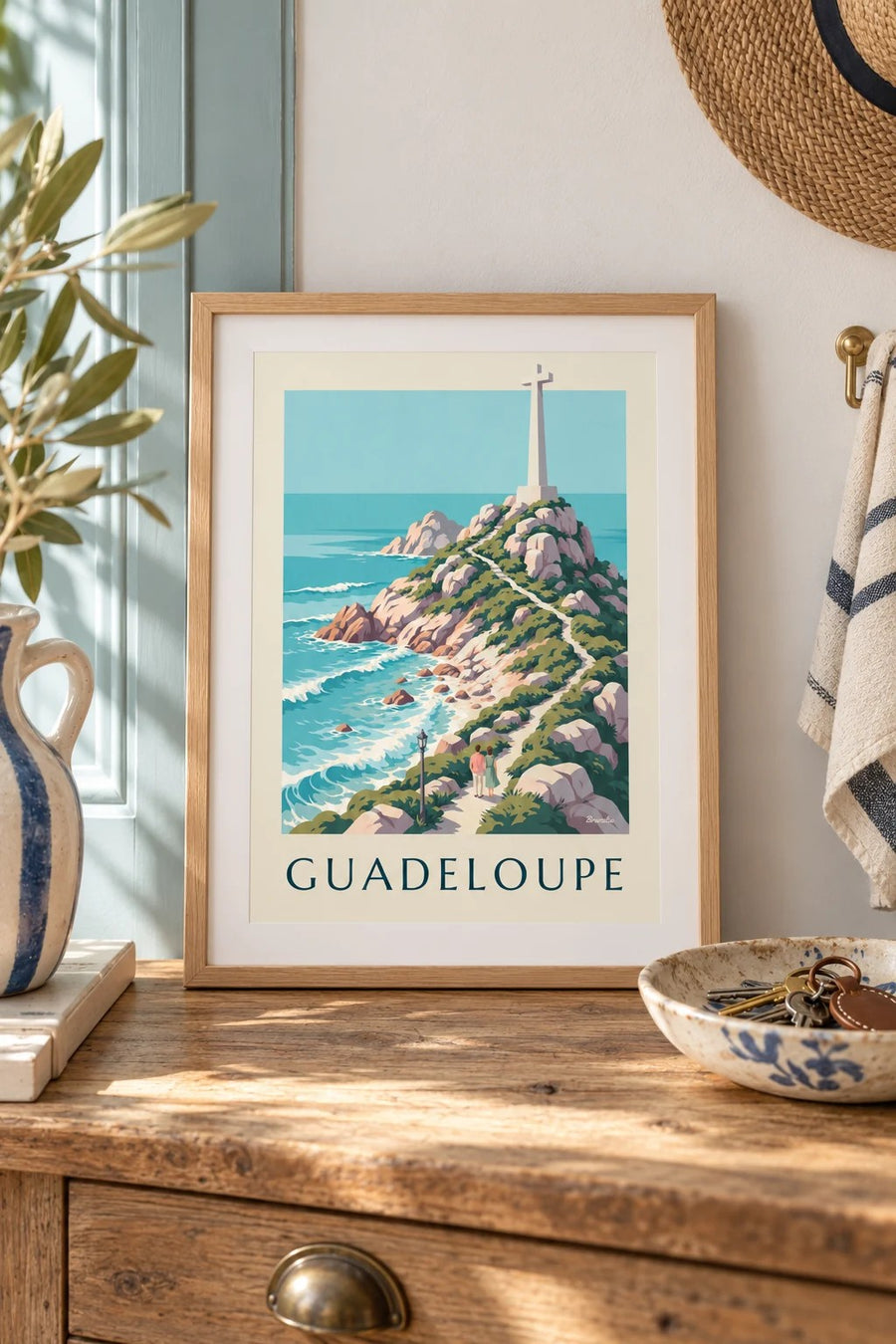 Poster Guadeloupe Pointe des Châteaux mit Kreuz : kleines A4-Format, gerahmt