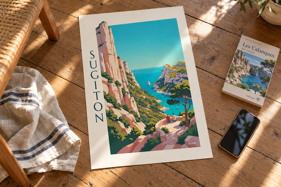 Poster der Calanque de Sugiton vom Aussichtspunkt aus gesehen : auf einem Tisch aufgestellt