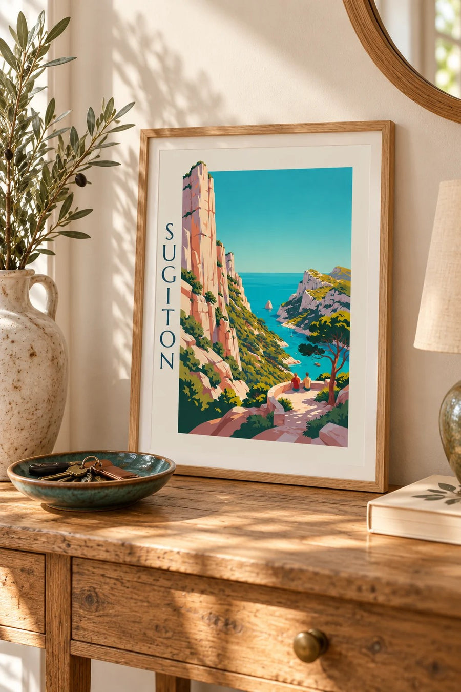Poster der Calanque de Sugiton vom Aussichtspunkt aus gesehen : kleines A4-Format, gerahmt