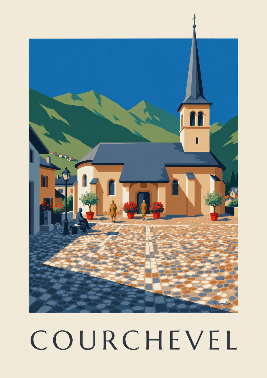 Poster Courchevel mit der Kirche von Saint-Bon