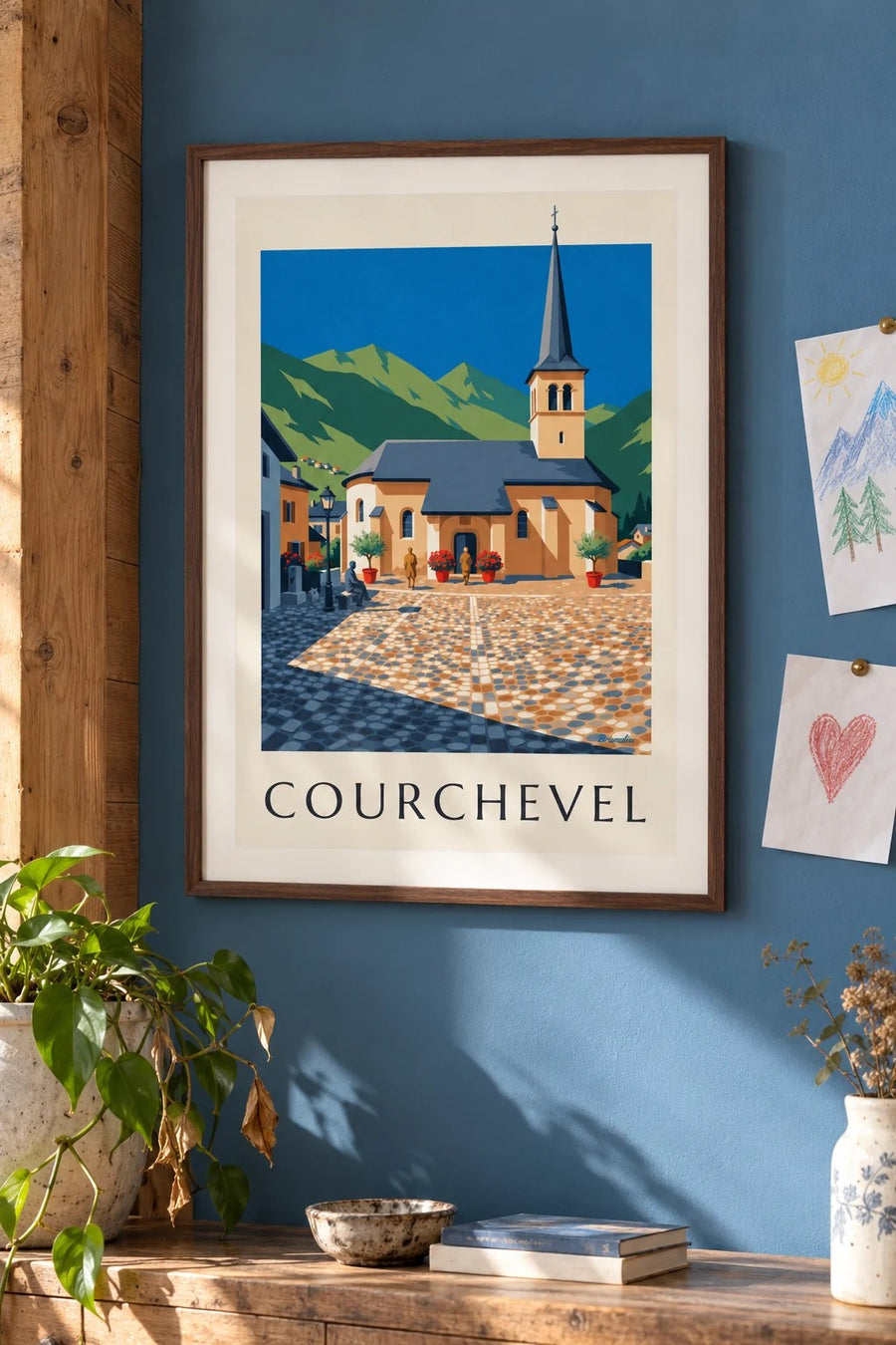Poster Courchevel mit der Kirche von Saint-Bon : gerahmt an der Wand