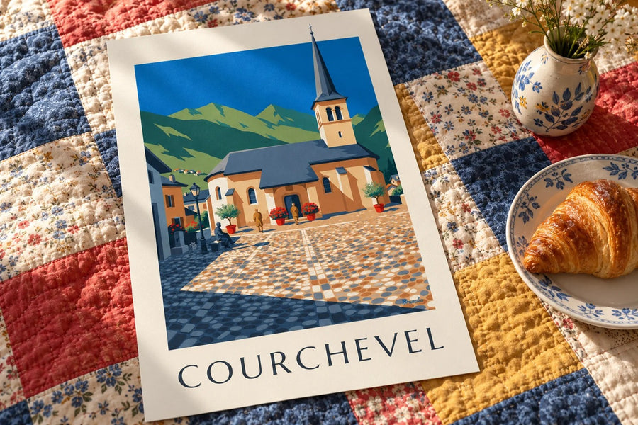 Poster Courchevel mit der Kirche von Saint-Bon : auf einem Tisch aufgestellt