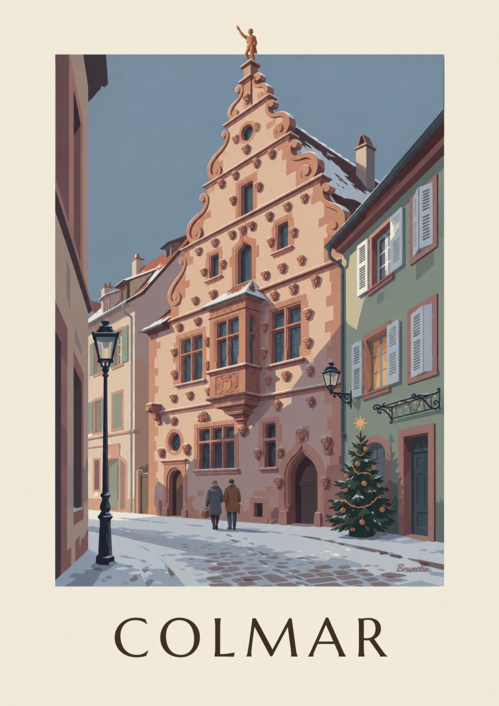 Poster Maison des Têtes in Colmar im Winter: Detail in Nahaufnahme
