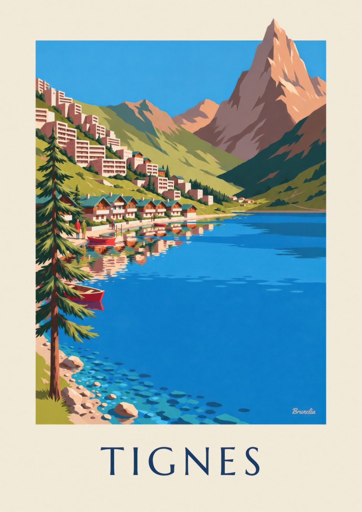 Poster Tignes, der See und Tignes-Le Lac im Sommer