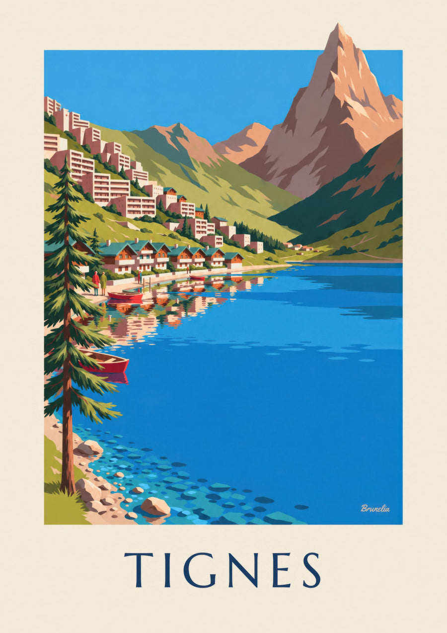 Poster Tignes, der See und Tignes-Le Lac im Sommer