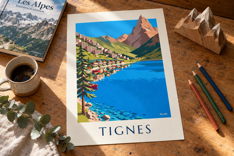 Affiche Tignes, le lac et Tignes-Le Lac en été : posée sur une table