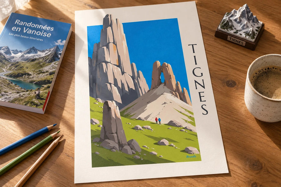 Poster Tignes, die Aiguille Percée : auf einem Tisch aufgestellt