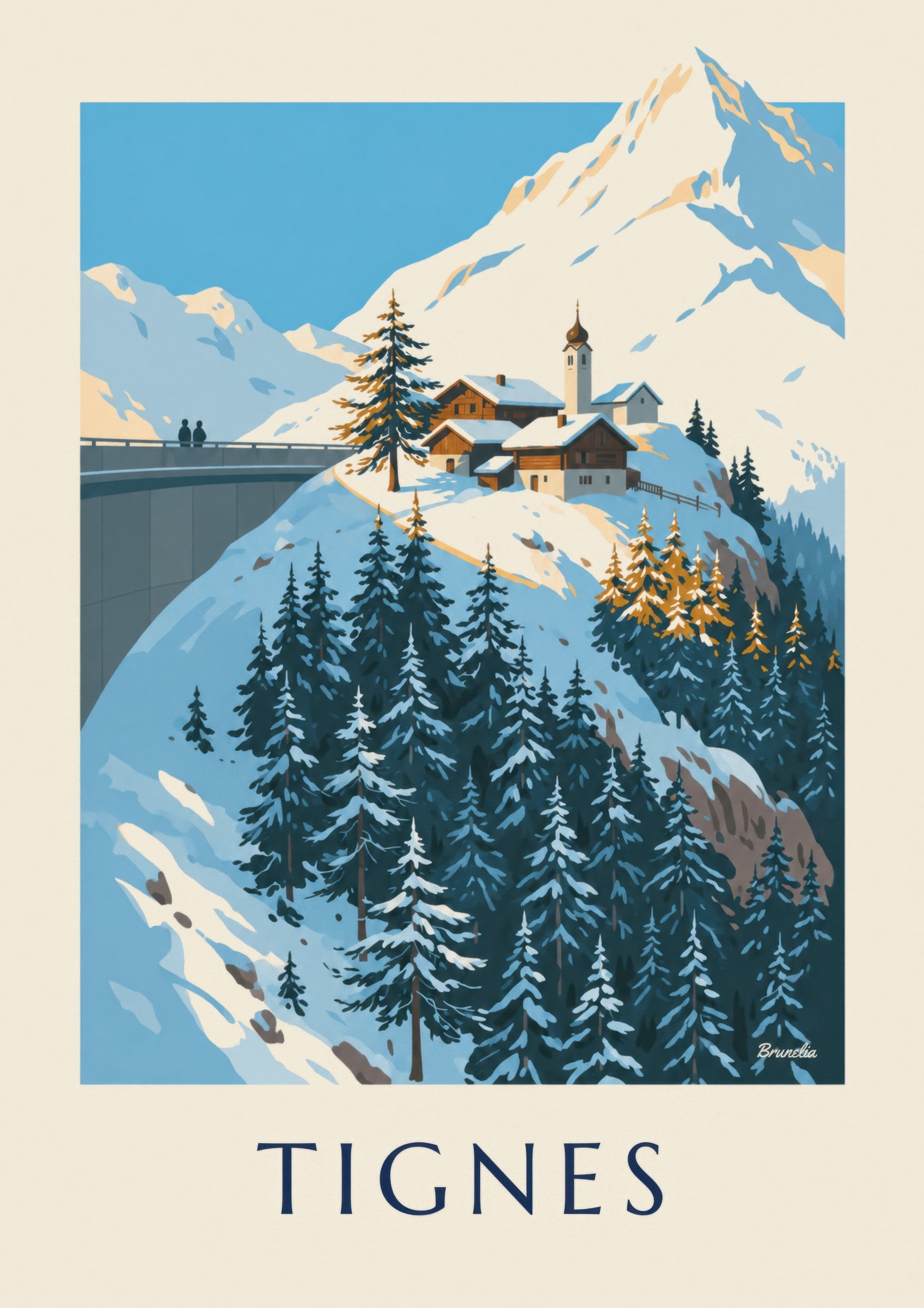 Poster Tignes 1800 und sein Kirchturm im Winter: Detail in Nahaufnahme