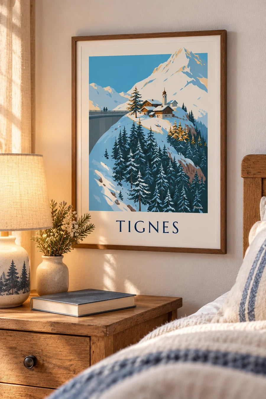 Affiche Tignes 1800 et son clocher en hiver : petit format A4 encadré