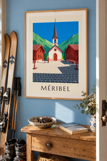Poster Méribel, rosafarbene Kapelle : gerahmt an der Wand