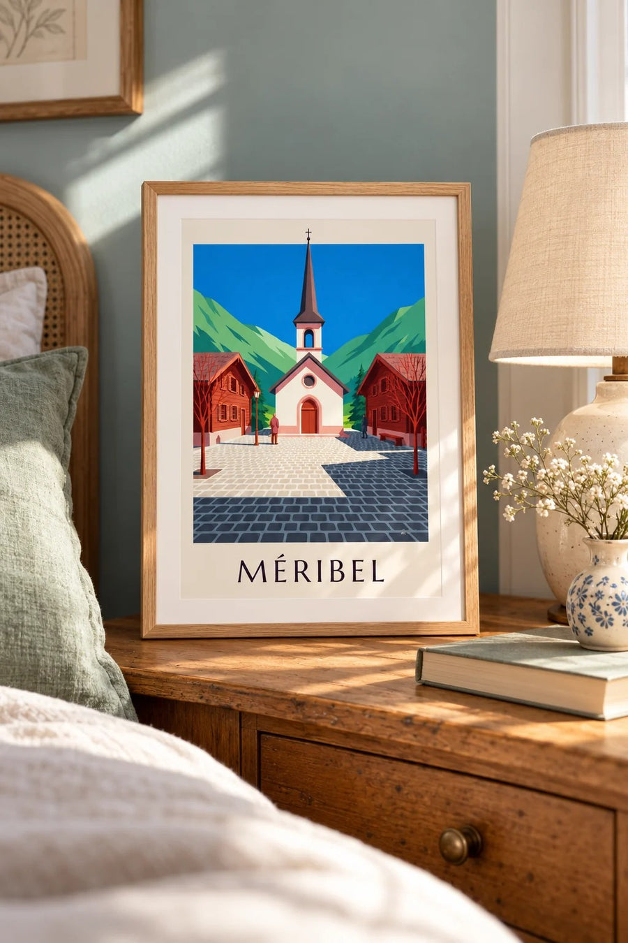 Poster Méribel, rosafarbene Kapelle : kleines A4-Format, gerahmt