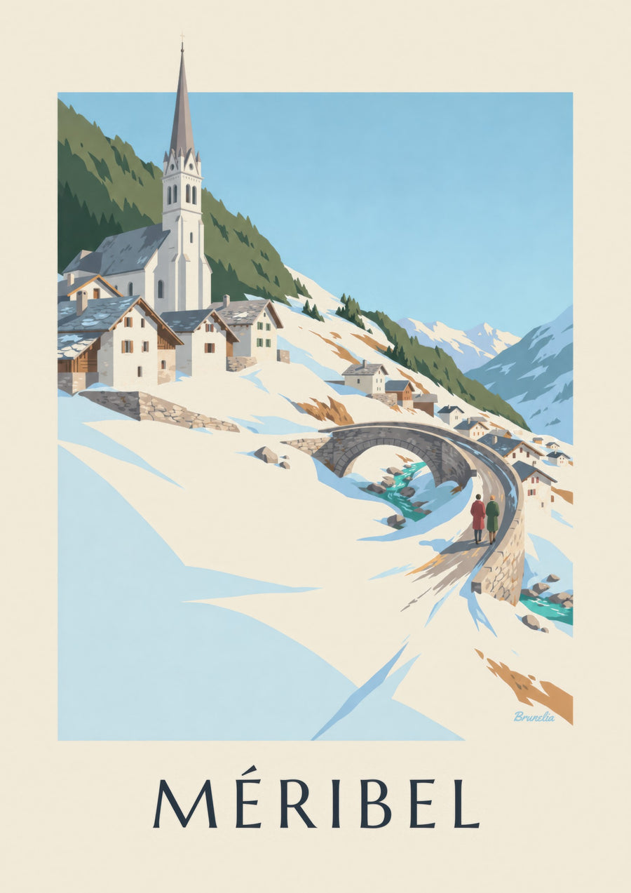 Poster Méribel, die Brücke und die Kirche von Les Allues