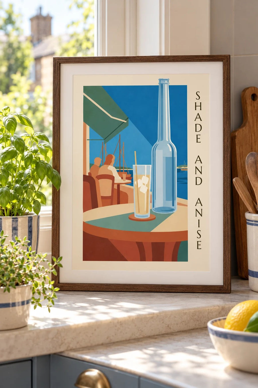 Affiche pastis et carafe d’eau au port : petit format A4 encadré