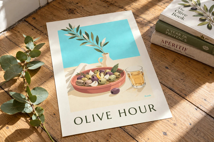 Affiche olives de Provence à l'apéritif : posée sur une table