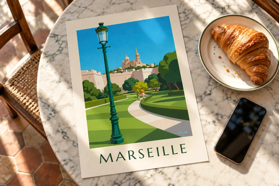 Affiche Notre-Dame-de-la-Garde vue du Pharo : posée sur une table
