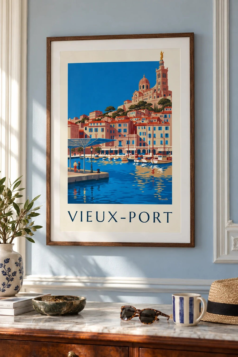 Poster der spiegelnden Ombrière am Vieux-Port von Marseille : gerahmt an der Wand
