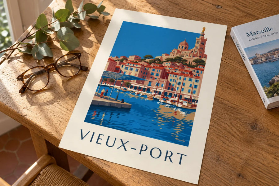 Poster der spiegelnden Ombrière am Vieux-Port von Marseille : auf einem Tisch aufgestellt