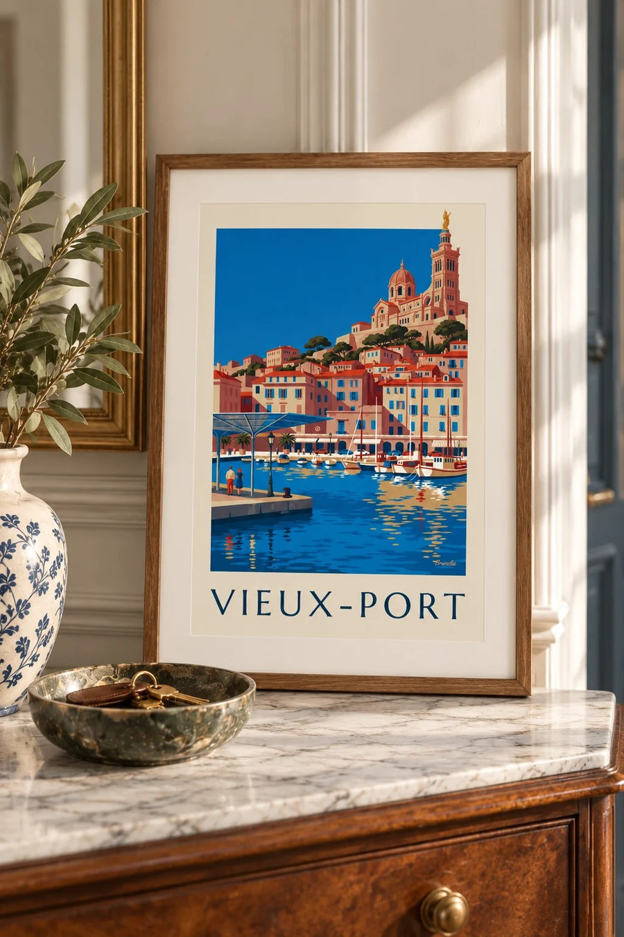 Poster der spiegelnden Ombrière am Vieux-Port von Marseille : kleines A4-Format, gerahmt