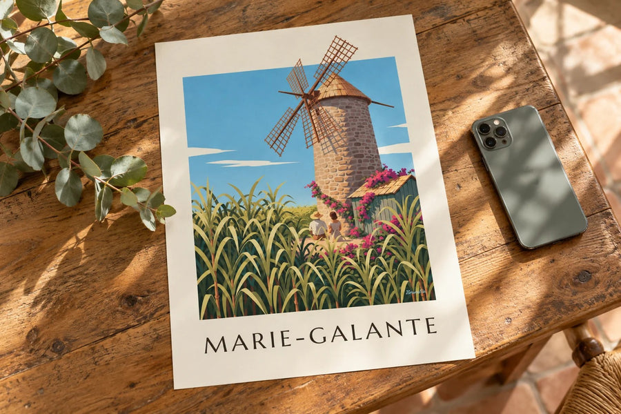 Poster Guadeloupe, Bézard-Mühle auf Marie-Galante : auf einem Tisch aufgestellt