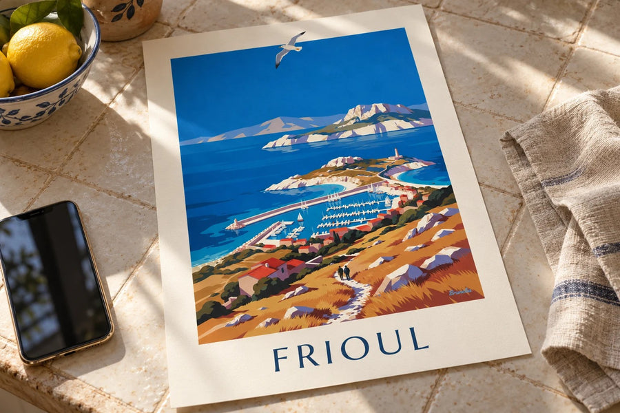 Affiche port des îles du Frioul à Marseille : posée sur une table
