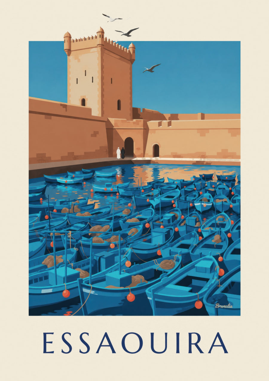 Poster des Hafens von Essaouira mit dem Skala-Turm