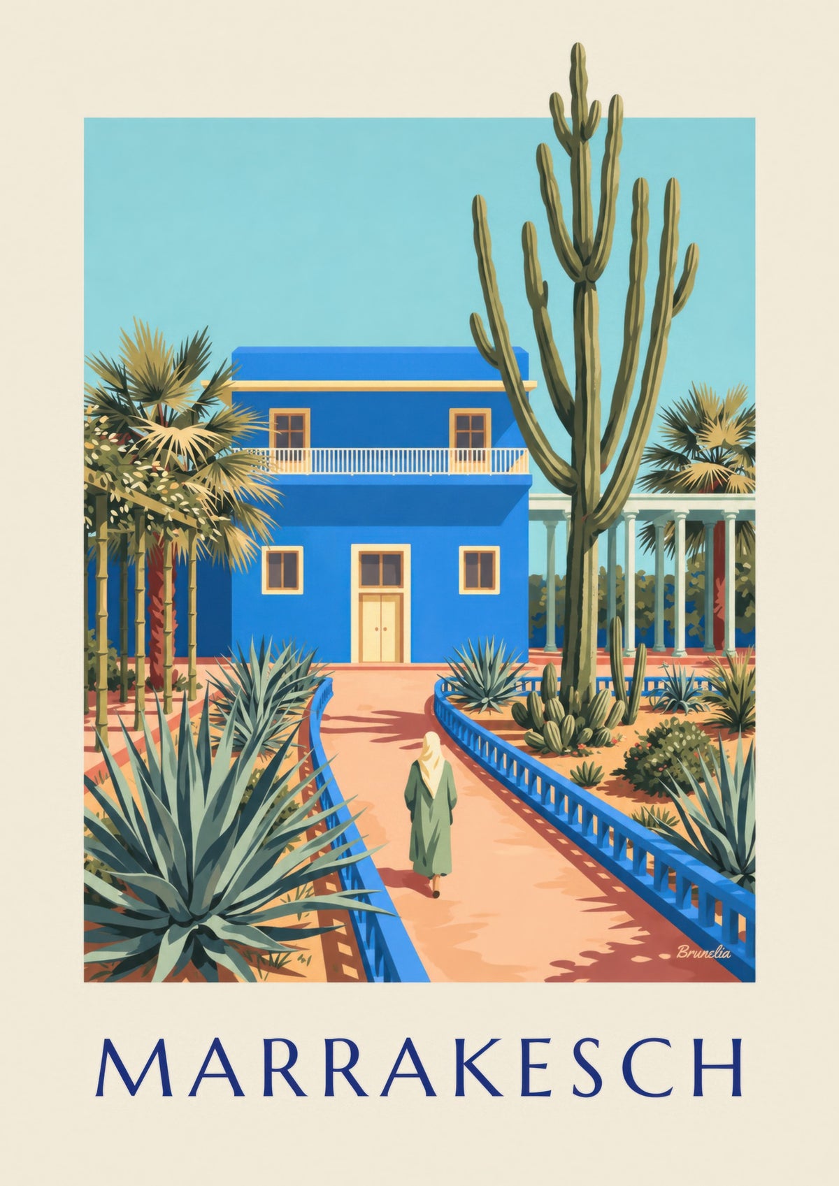 Poster blaue Villa und Kakteen in Marrakesch (Titel MARRAKESCH)