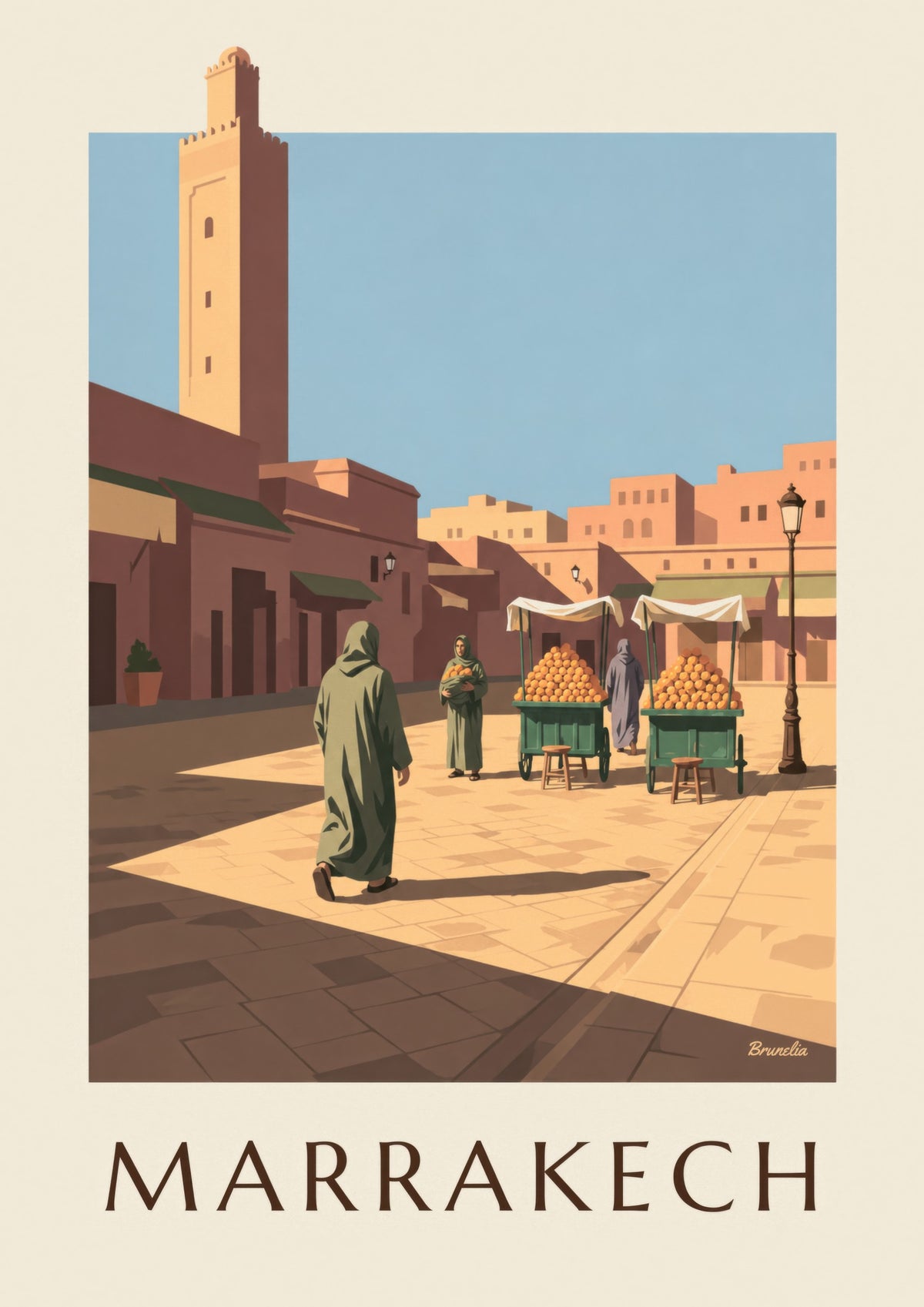 Poster Jemaa el-Fna in Marrakesch mit Orangenständen