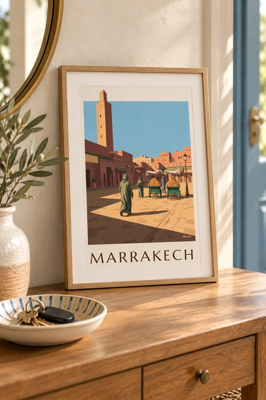 Poster Jemaa el-Fna in Marrakesch mit Orangenständen : kleines A4-Format, gerahmt
