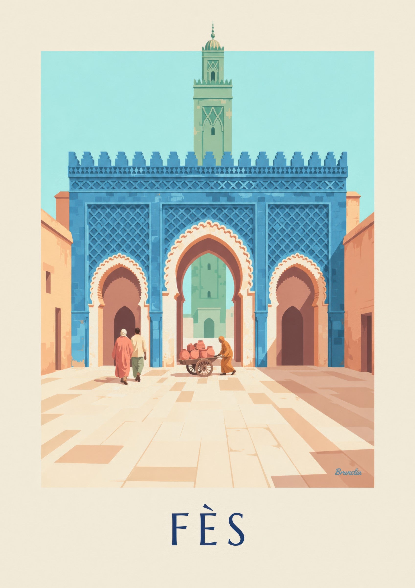 Affiche Bab Bou Jeloud de Fès, zelliges bleus: Detail in Nahaufnahme