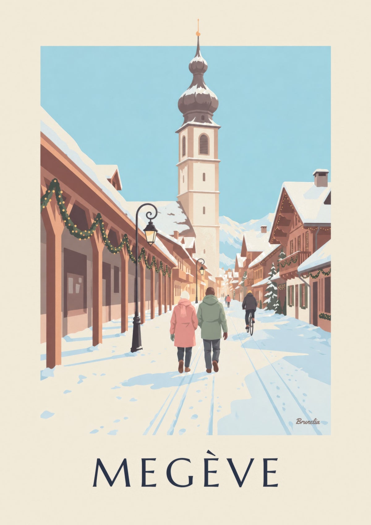 Affiche Megève, rue piétonne et clocher
