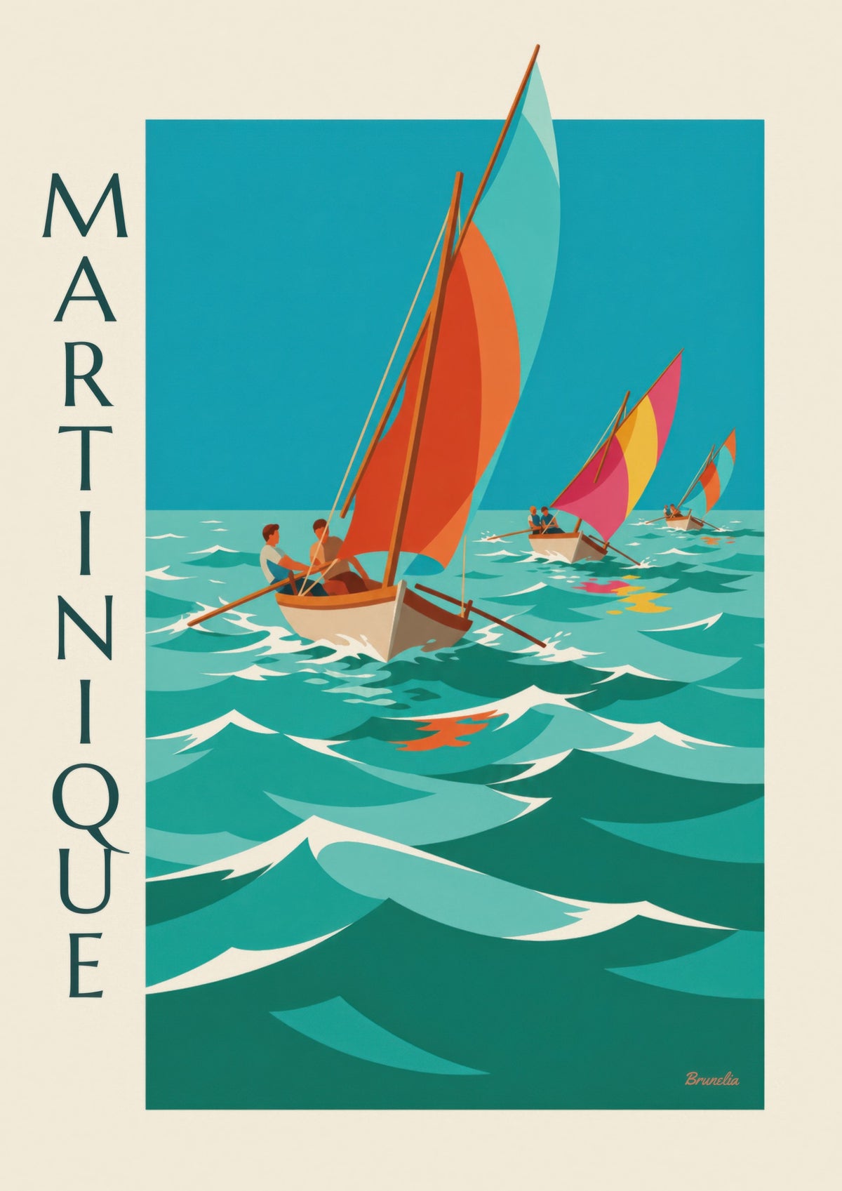 Affiche Martinique, course de yoles aux voiles colorées