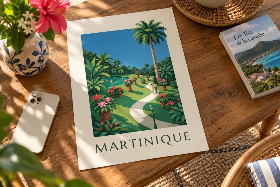 Poster Martinique mit dem Balata-Garten und Bromelien : auf einem Tisch aufgestellt