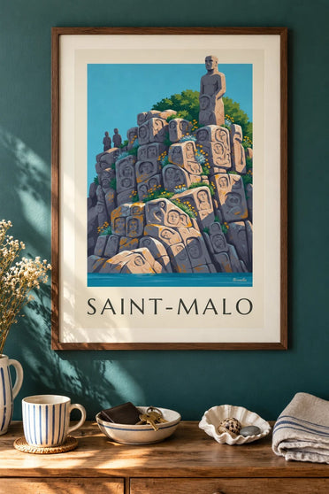 Poster der Skulpturenfelsen von Rothéneuf in Saint-Malo : gerahmt an der Wand