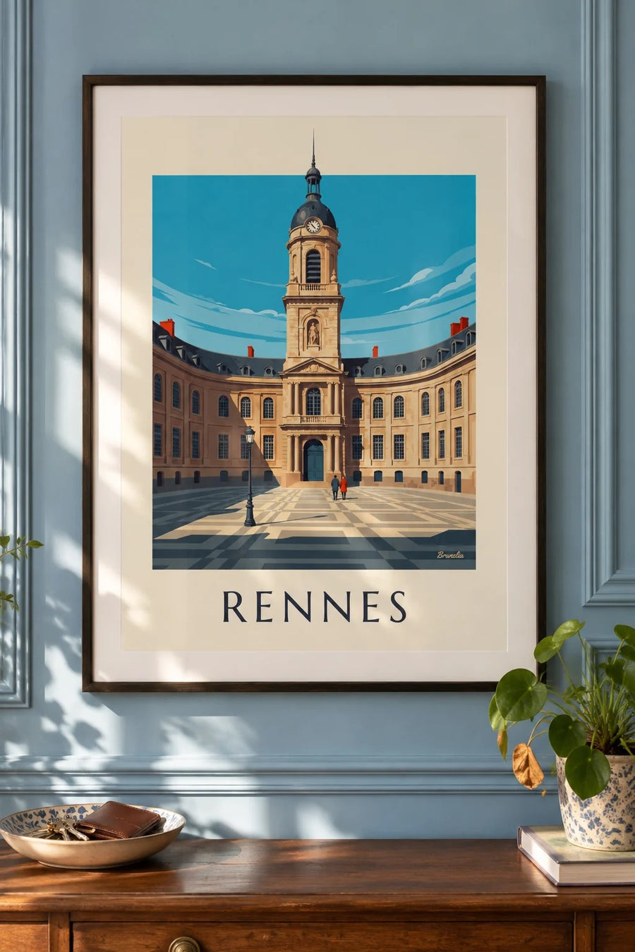 Affiche Rennes hôtel de ville et tour de l'horloge : encadrée au mur