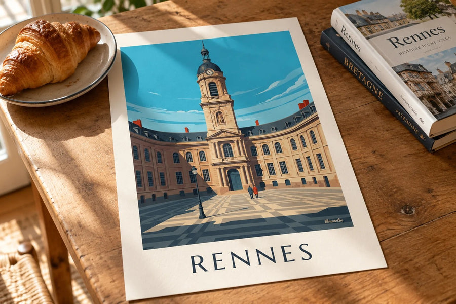 Affiche Rennes hôtel de ville et tour de l'horloge : posée sur une table