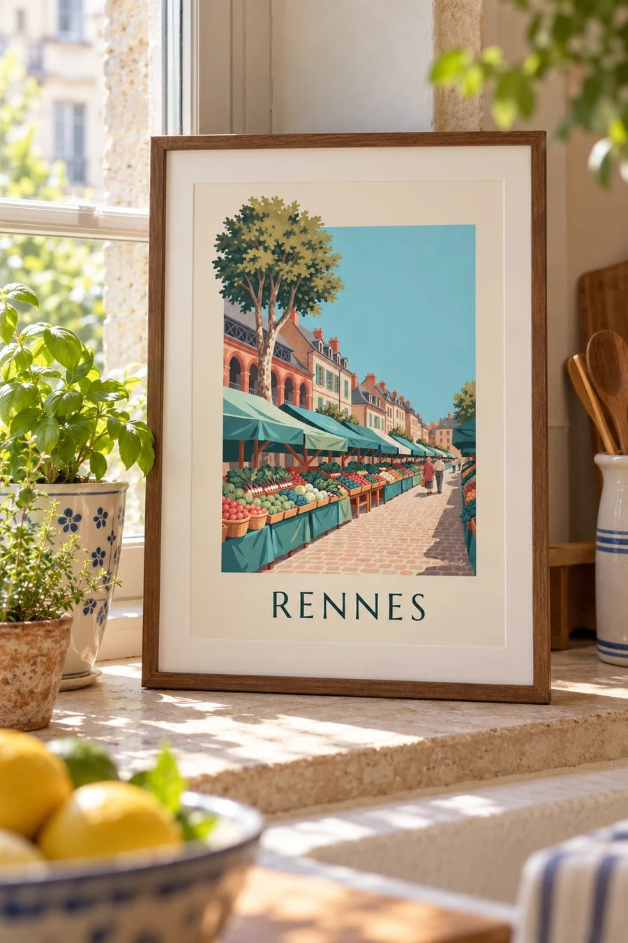Affiche marché des Lices à Rennes : petit format A4 encadré