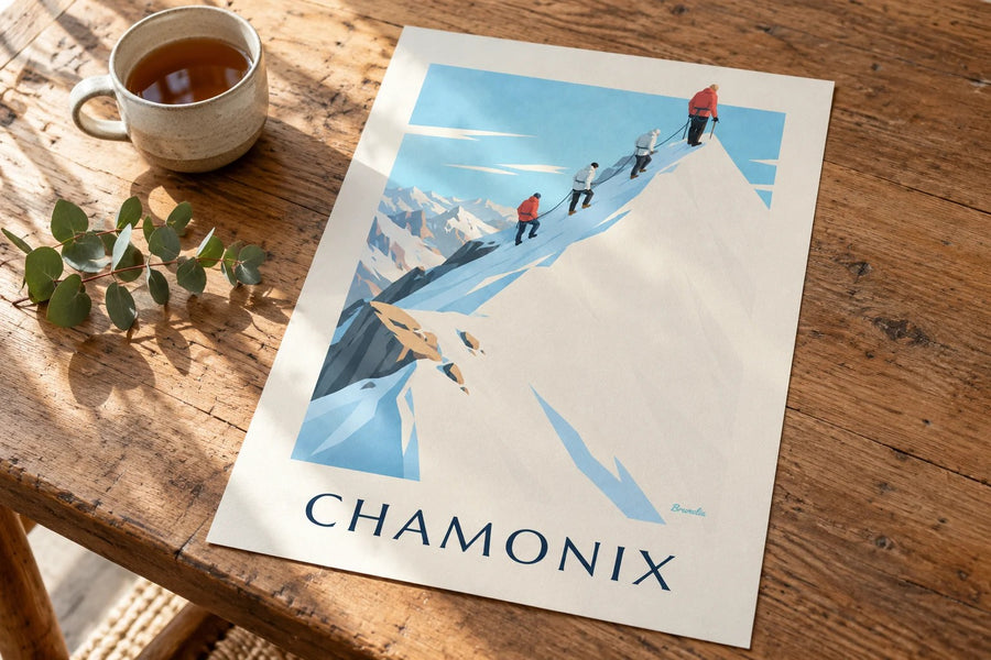 Poster von Bergsteigern auf dem Grat der Aiguille du Midi : auf einem Tisch aufgestellt