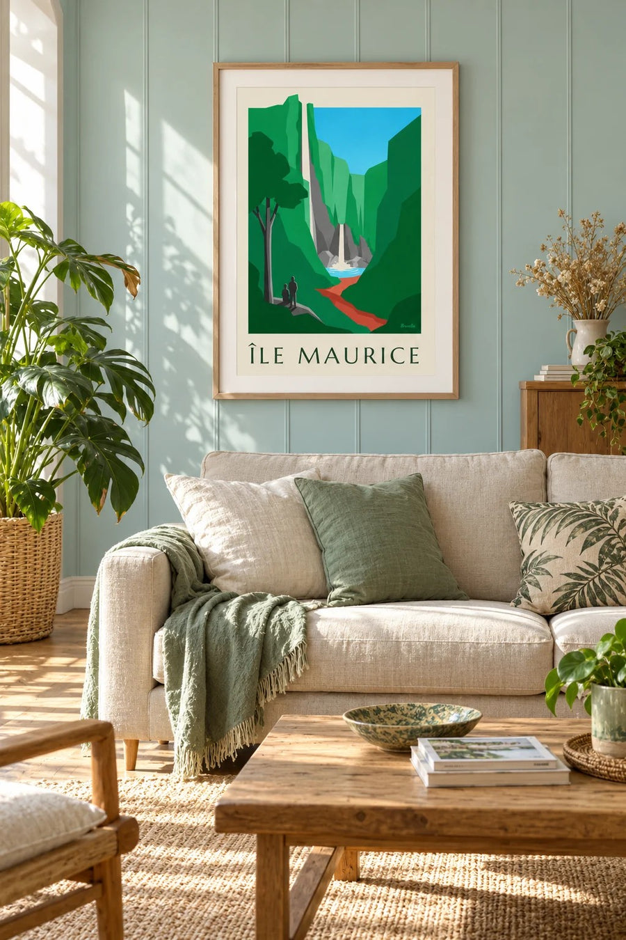 Poster Mauritius, Chamarel-Wasserfall (Titel ÎLE MAURICE) : gerahmt an der Wand