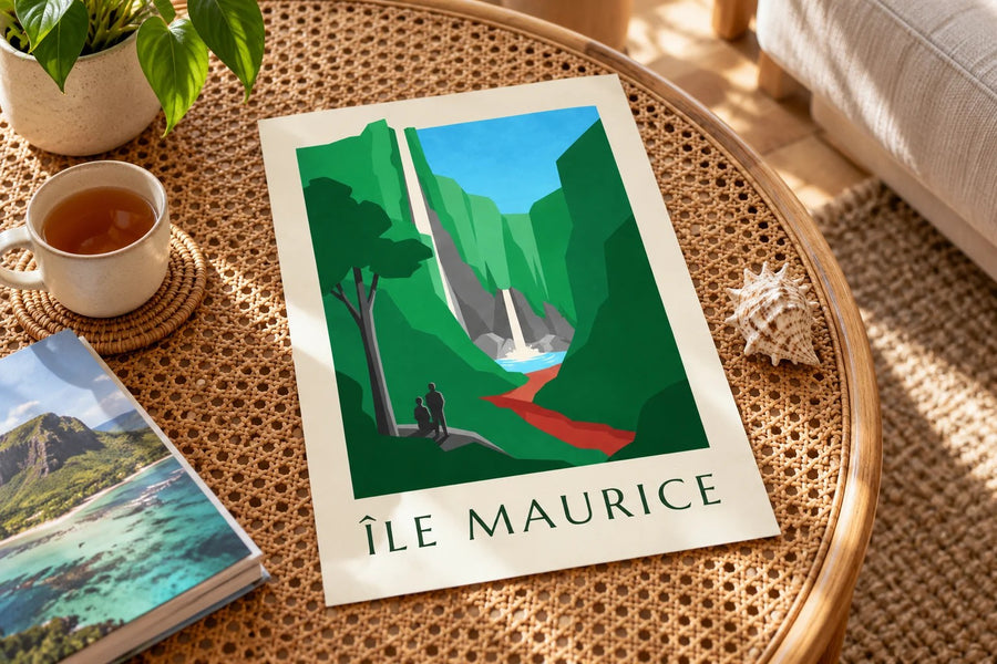Poster Mauritius, Chamarel-Wasserfall (Titel ÎLE MAURICE) : auf einem Tisch aufgestellt