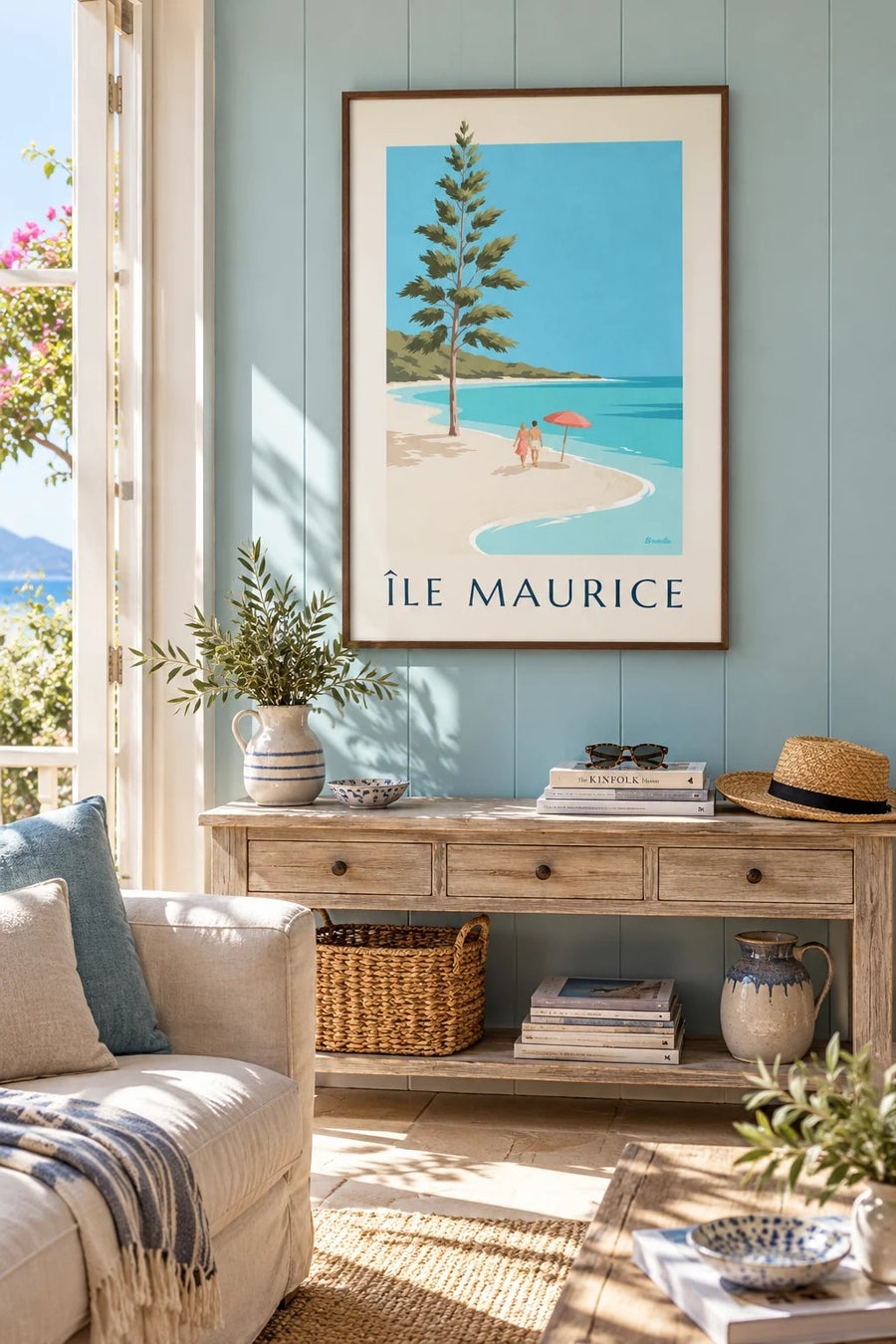 Poster Mauritius, Blue-Bay-Strand (Titel ÎLE MAURICE) : gerahmt an der Wand