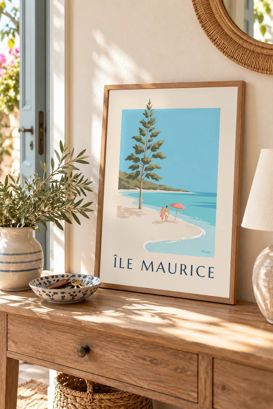 Poster Mauritius, Blue-Bay-Strand (Titel ÎLE MAURICE) : kleines A4-Format, gerahmt