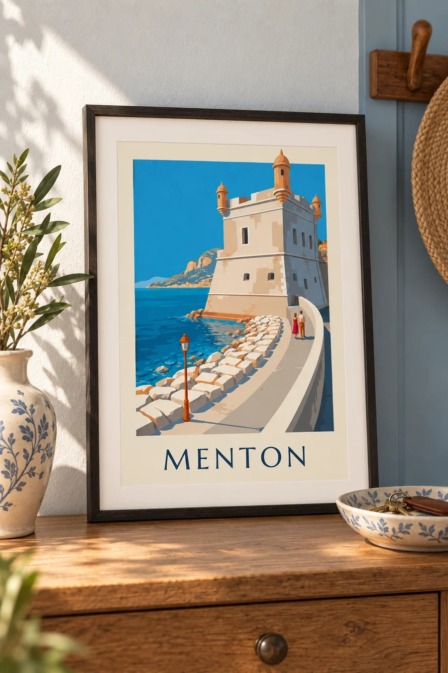 Poster der Bastion am alten Hafen von Menton am Meer : kleines A4-Format, gerahmt