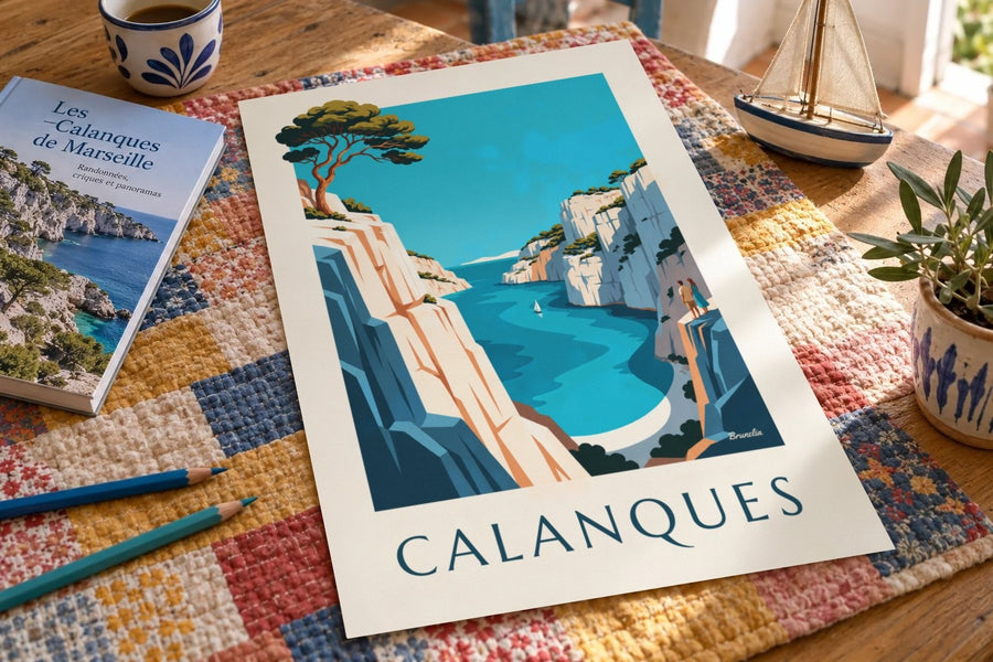 Poster der Calanque d'En-Vau in Marseille : auf einem Tisch aufgestellt