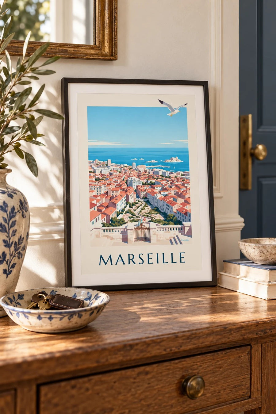 Affiche vue de Marseille depuis Notre-Dame-de-la-Garde : petit format A4 encadré