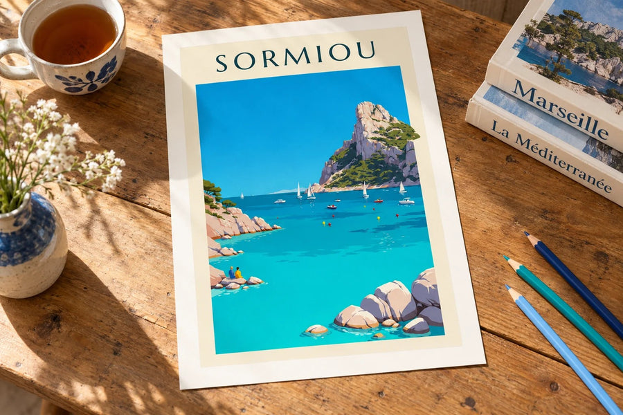 Poster der Calanque de Sormiou in Marseille : auf einem Tisch aufgestellt